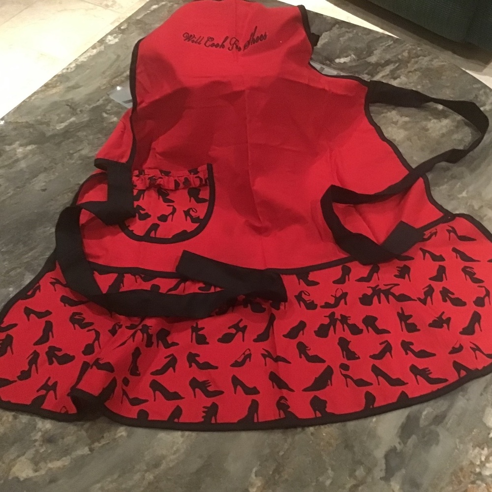 Great novelty apron “Will Cook For Shoes” in beautiful Red & Black